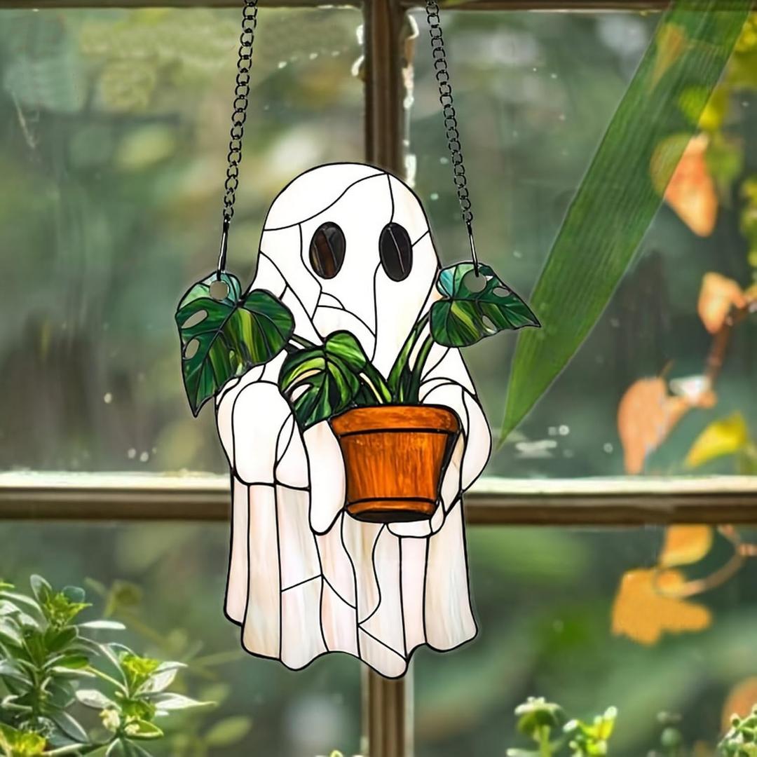 7.8Inch Cute Ghost Suncatcher Handcrafted Greenhouse Window Hanging Decor for Plants, Stained Glass Suncatchers Window Decor for Garden Family WallHalloween Party Gift for Friend (S12)
