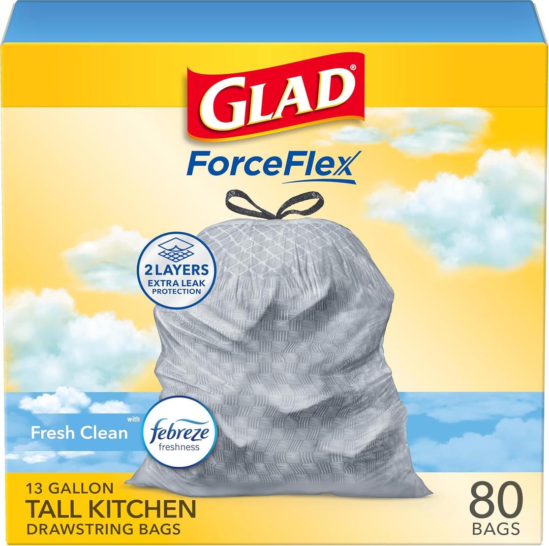 Glad ForceFlex Tall Kitchen Drawstring Trash Bags, 13 Gal, Fresh Clean, 80 Ct (Package May Vary)