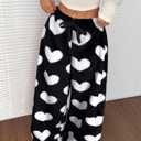 Wyeysyt Women Fuzzy Pajama Pants Elastic Waist Wide Leg Leopard Pant Pj Bottoms Lounge Fluffy Pants(Black-S)