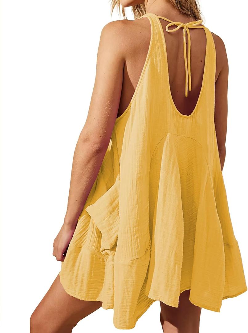 Women Casual Summer Dresses Sleeveless Crew Neck Backless Tunic Mini Dress Loose Flowy Tank Sundress with Pockets (Yellow, L)