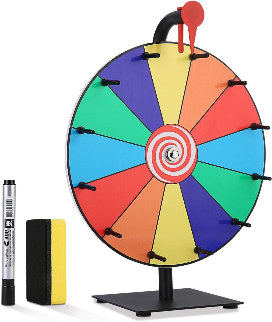 Prize Wheel 12 Inch, Spinning Wheel with 12 Writable Slots, Durable Spin The Wheel Game with Stand for Events, Classroom Games, and Party Raffles
