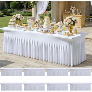 8Pack White Spandex Tablecloths for 8 Foot Rectangle Tables, Wrinkle Free Stretchy Fitted 8FT Table Cloths Cover Desk Skirt for Parties Weddings Birthday Banquet Baby Shower Events