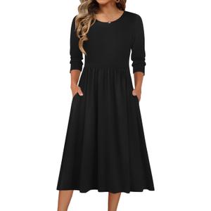 Zeagoo 3/4 Sleeve Women's Dress Casual Flowy A-Line Midi Tshirt Dresses with Pockets Crewneck Vocation Boho Beach Sundress, 2XL