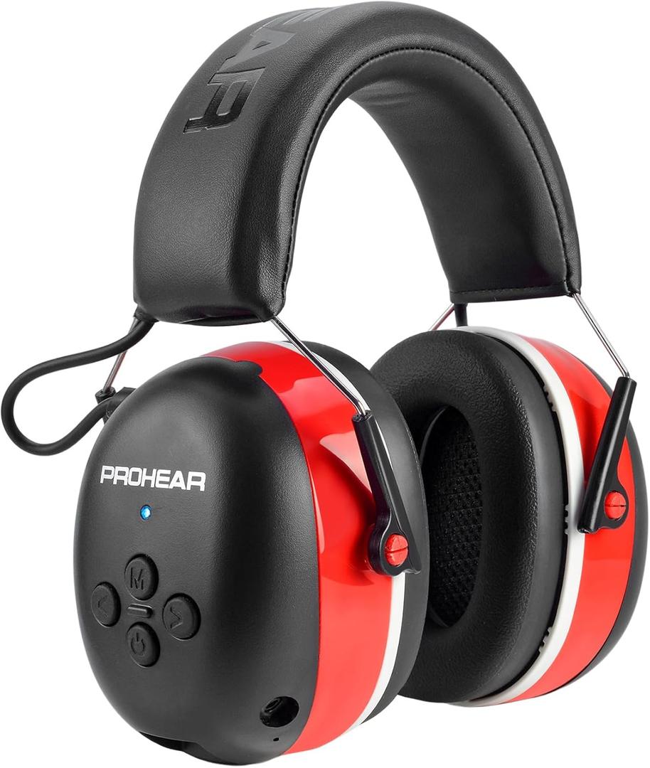 PROHEAR 037 Bluetooth 6.0 Hearing Protection Headphones with Rechargeable 1500mAh Battery, 30dB SNR Safety Noise Reduction Ear Muffs with 120H Playtime for Mowing - Red