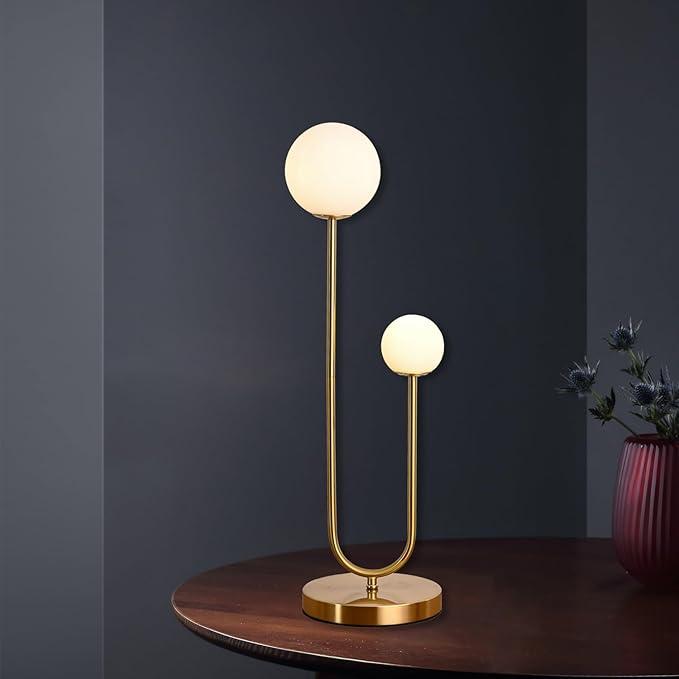 AMARTIZ Mid Century Gold Globe Table Lamp Modern U-Shape 2-Light Desk Table Light with Milk White Glass Shade Metal Base Nightstand Lamp for Bedroom Bedside, G9 Bulb (Not Included)