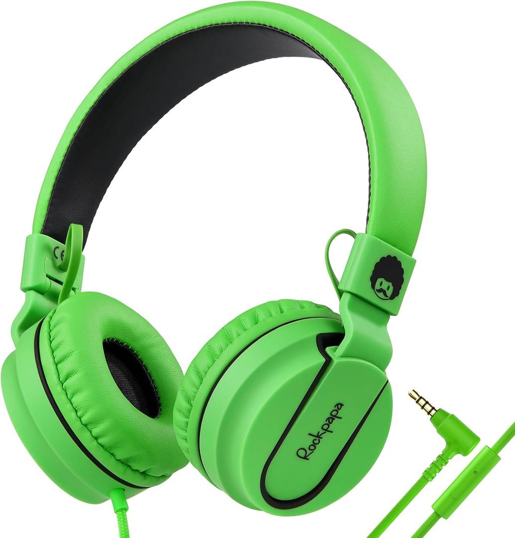 rockpapa 950 Wired Headphones for Kids Girls Boys for School Classroom with Microphone, On-Ear Foldable Corded Headphones with Jack 3.5mm for Laptop Computer Tablet Chromebooks Black Green (Green/Black)