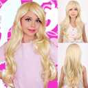 Kids Girls Blonde Wig Long Wavy Light Blonde Wig for Kids Child Blonde Long Wig with Bangs Synthetic Wig with Wig Cap