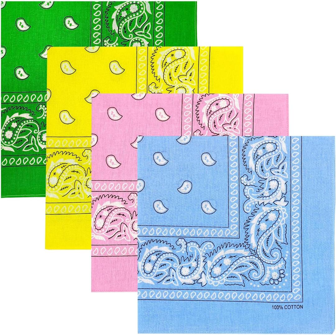 4 Pack 100% Cotton Bandanas 22x22 inches - Multi-Purpose Square Scarfs for Men & Women, Headbands, Face Cover