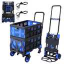 2 in 1 Folding Hand Truck with 2 Folding Basket, 330lbs Capacity Heavy Duty Hand Truck, with Telescoping Handle and Rubber Wheels, Portable Dolly Cart with Bungee Cords for Moving, Travel, Shopping, Black and Blue