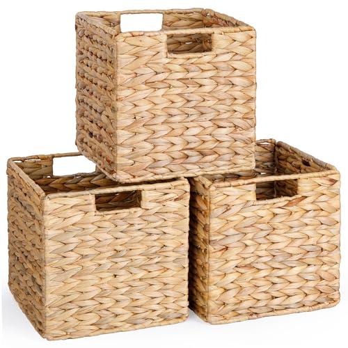 10.5x10.5 Water Hyacinth Storage Baskets, Collapsible Square Wicker Baskets Cube Storage Bins for IKEA Kallax, Set of 3