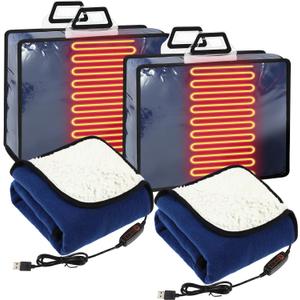 Tuanse 2 Pcs USB Heated Blanket 25"x35" Small Portable 5v 3 Setting Electric Blanket with Timer and Temperature Controller Winter Wearable Recharge Throw for Travel Home(Navy Blue)