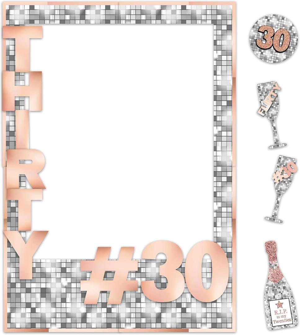 Cheerland 30th Birthday Photo Frame Happy 30th Party Favors Disco Ball Pastel Pink Silver Champagne Photo Props Milestone Anniversary Success Party Decorations Backdrop Supplies