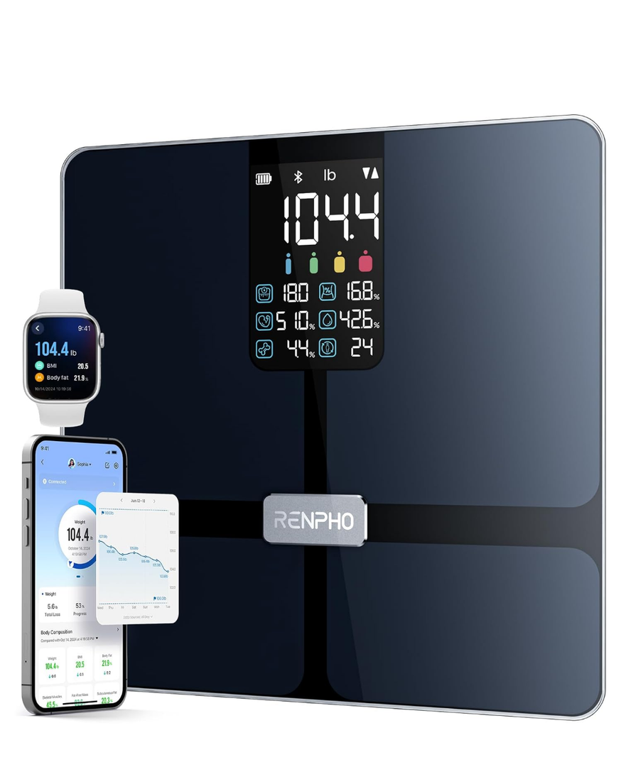 RENPHO Smart Scale with BMI, Body Fat, Muscle Mass, Bluetooth Scale for Body Weight, FSA HSA Store Eligible, 13 Metrics with Large VA Display, Support App Connection, Black, Elis 2X