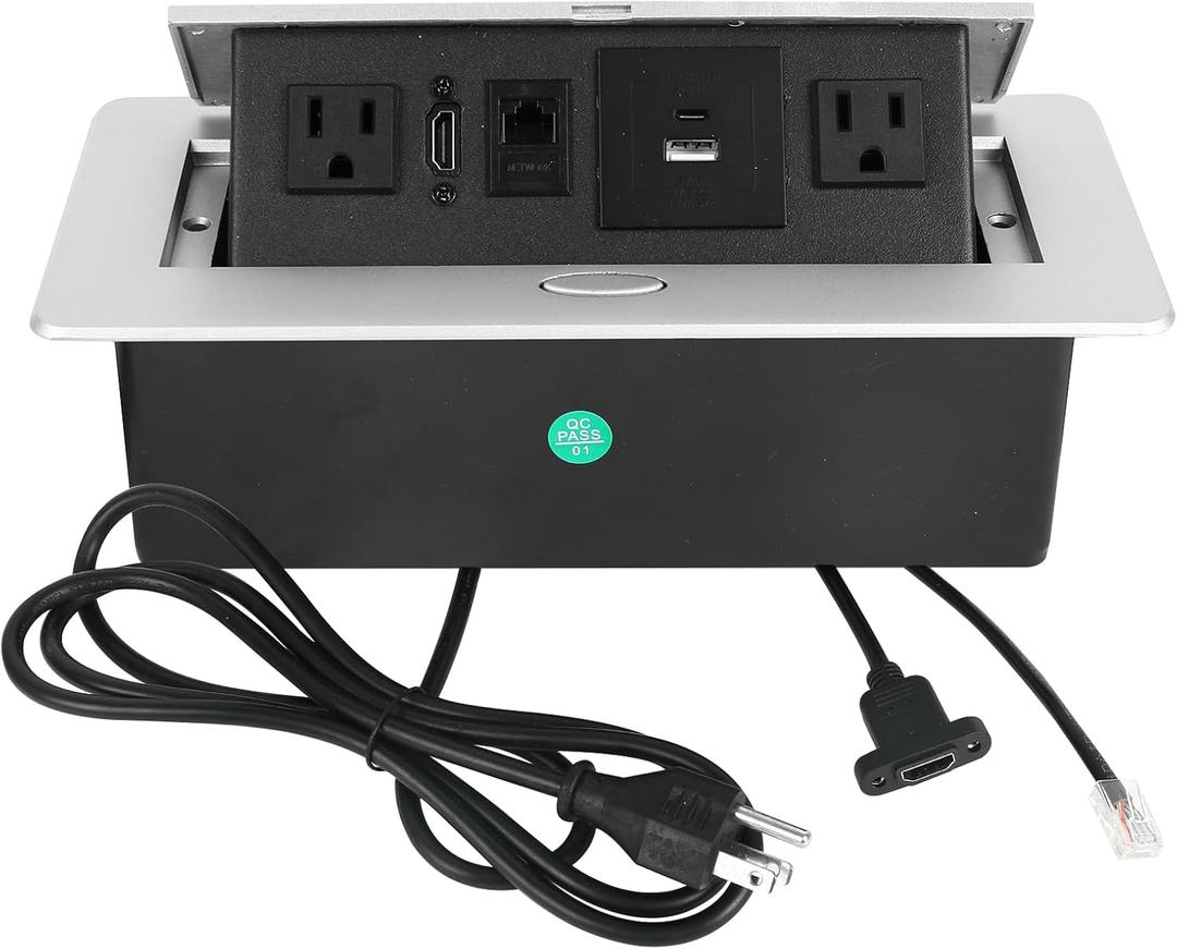 Table Pop Up Outlet,Automatic Pop up Strip Center countertop Socket Recessed Multimedia Strip Socket & USB+ 2AC+ LAN Network Connection Box Desktop HDMI for Conference Desk, Office, Hotel(Silver-2)