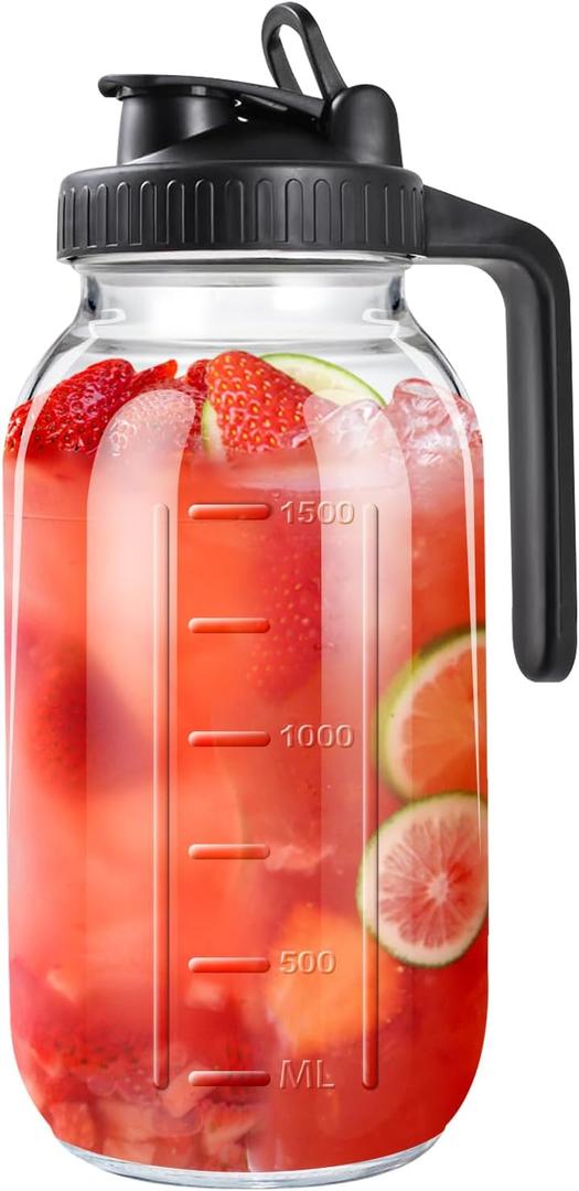 64oz Glass Pitcher with Lid, 2 Quart Mason Jar Pitchers with Lid and Spout, Wide Mouth Breast Milk Pitcher Glass Jug Sun Tea Pitchers, Cold Brew Coffee pitcher, Fridge Container for Water, Juice, Tea (Black)