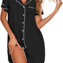 Ekouaer Nightgowns for Women Bamboo Viscose Sleep Shirts Button Down Night Shirt Short Sleeve Boyfriend Pajama Dress (X-Large, Black)