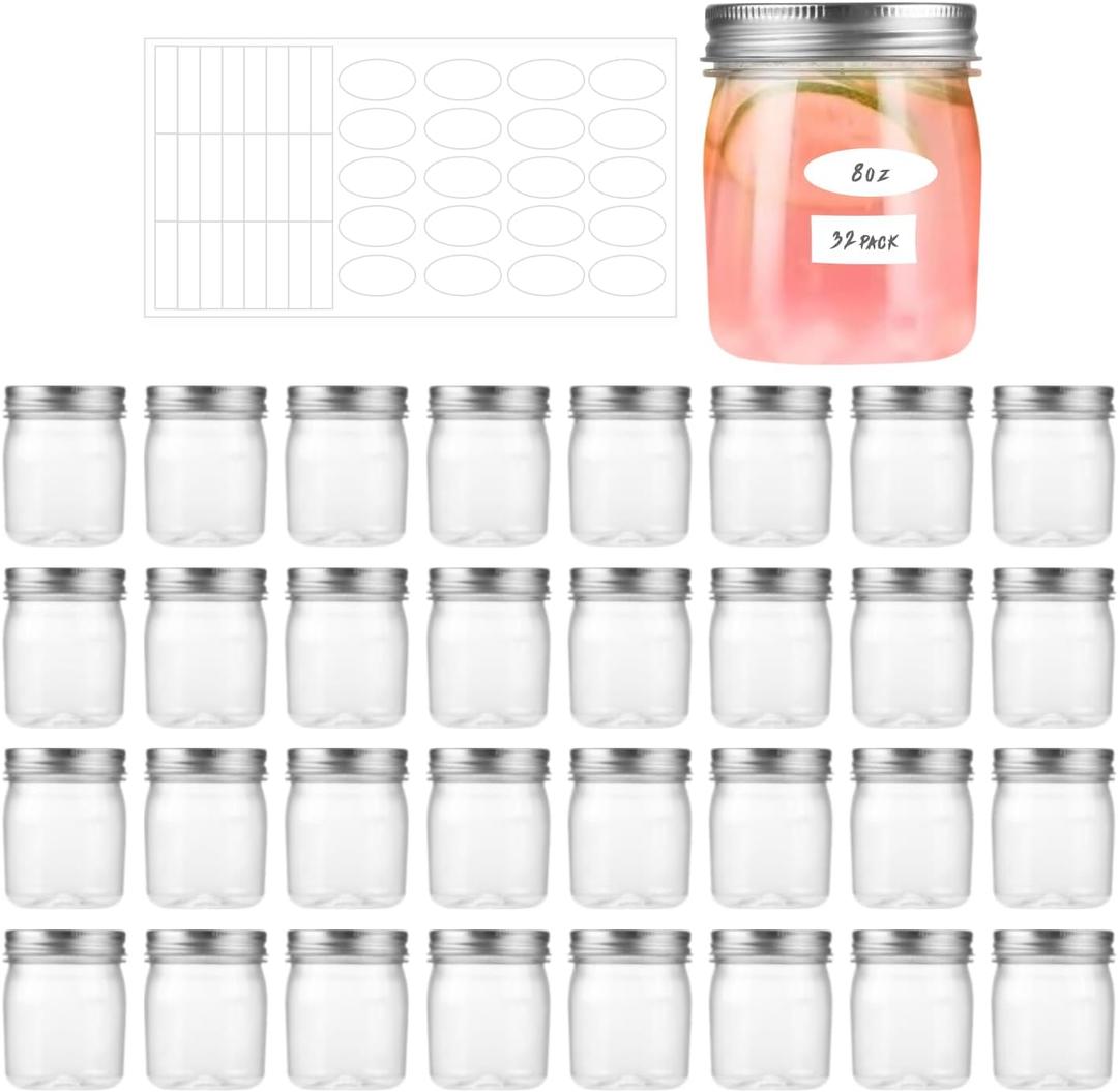 32 Pack 8OZ Sliver Plastic Jars With Screw On Lids Plastic Mason Jars Food Storage Container For Storing Dry Food, Candy, Cream, Peanut, Butter