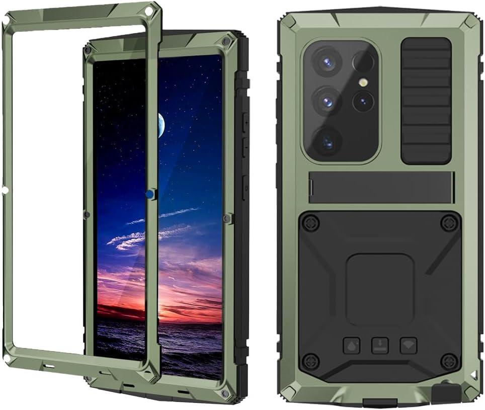 Metal Case for Samsung S24 Ultra Aluminum Military Grade Rugged Case with Metal Stand Screen Protector Drop Tested Shockproof Full Cover case for Samsung S24 Ultra (Green)