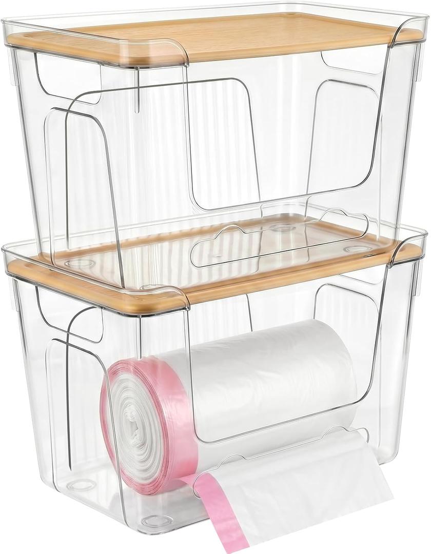 CANTAMI Trash Bag Dispenser with Lid, 2 Pack Plastic Stackable Trash Bag Holder, Extra Large Garbage Bag Dispenser for Kitchen, Laundry Room, Under Sink Organization and Storage