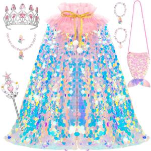 Meland Princess Dress Up for Girls 3-8, 11Pcs Mermaid Cape with Crown, Dress Up Clothes Birthday Gift Toys for Girls Toddlers (Pink)
