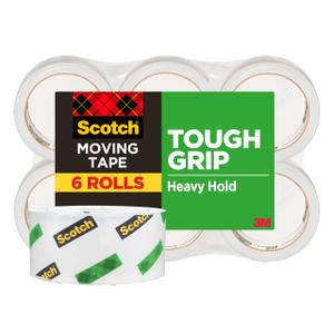 Scotch Tough Grip Moving Packing Tape, Clear, Moving Tape That Secures Boxes up to 80 Pounds, 1.88 in. x 43.7 yd., 6 Tape Rolls