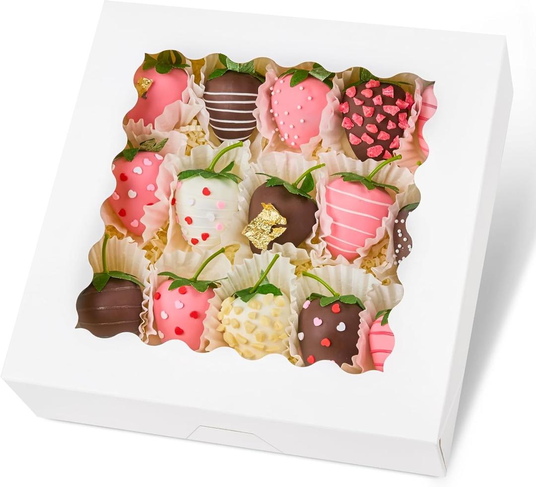 Kucoele 20 PCS Pie Boxes, 9 x 9 x 2.5 Inches Bakery Boxes with Window, Auto-Popup Cookie Boxes White Treat Boxes for Chocolate Strawberries, Pastries, Muffins, Donuts