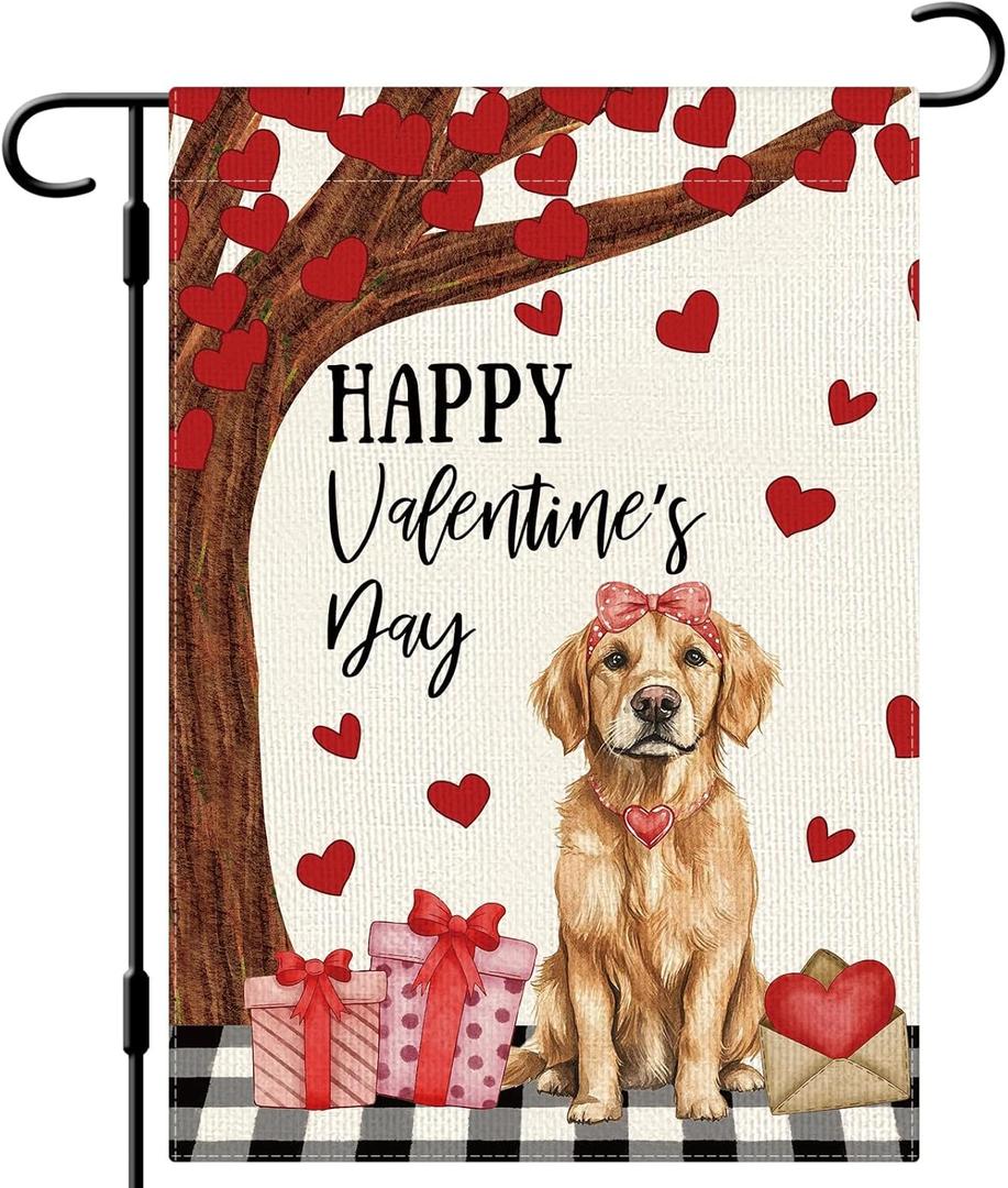 DLZDN Valentines Day Dog Garden Flag Golden Retriever Love Heart Flag 1218 Inch Double Side Vertical Burlap Farmhouse Yard Sign Spring Holiday Outdoor Decoration