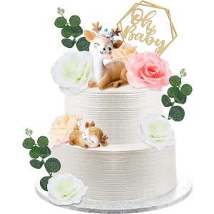 Taiyin Oh Baby Cake Toppers for Baby Shower Cute Deer Cake Toppers Girly Animal Flowers Cakes Topper Decoration Small Woodland Deer Figurines for First Birthday Party Supplies(Elegant Style)