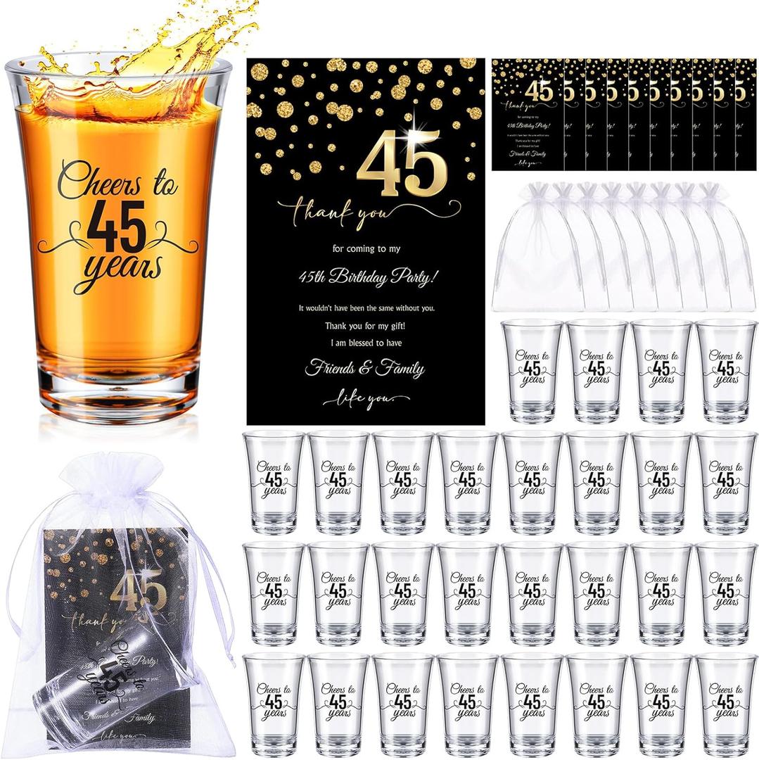 50 Sets Birthday Party Favors for Guests Bulk, 1.4 oz Cheers to 40/45/50/55/60/65 Years Plastic Personalized Glasses Cups with Thank You Cards Gift Bag for Birthday Wedding (Black 45 Years)