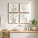 Framed Botanical Boho Wall Art, Set of 4 Piece Sage Green Plant Leaf Picture Artworks for Walls, Minimalist Canvas Painting Prints for Bathroom Washroom Living Room Bedroom Office Wall Decor, 12x12 In, White and Green
