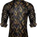 DiBanGu Men's Silk Paisley Dress Shirt Formal Long Sleeve Button-Down Casual Shirts for Wedding Party (X-Large, Black Gold)
