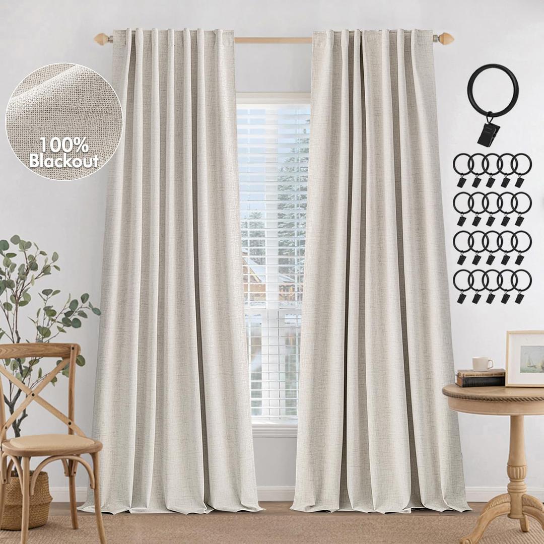 MIULEE 100% Blackout Curtains 108 inches Long, Linen Curtains for Bedroom Living Black Out Window Treatments Thermal Insulated Room Darkening Drapes Back Tab & Rod Pocket, Cream, 2 Panels