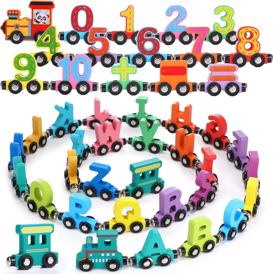 43 Pcs Magnetic Wooden Alphabet Number Trains Set for Kids with 26 Alphabet, 14 Number Trains, 3 Locomotives, Learning Toys for Toddlers Boys Girls Educational Gift for 3-7 Year Olds