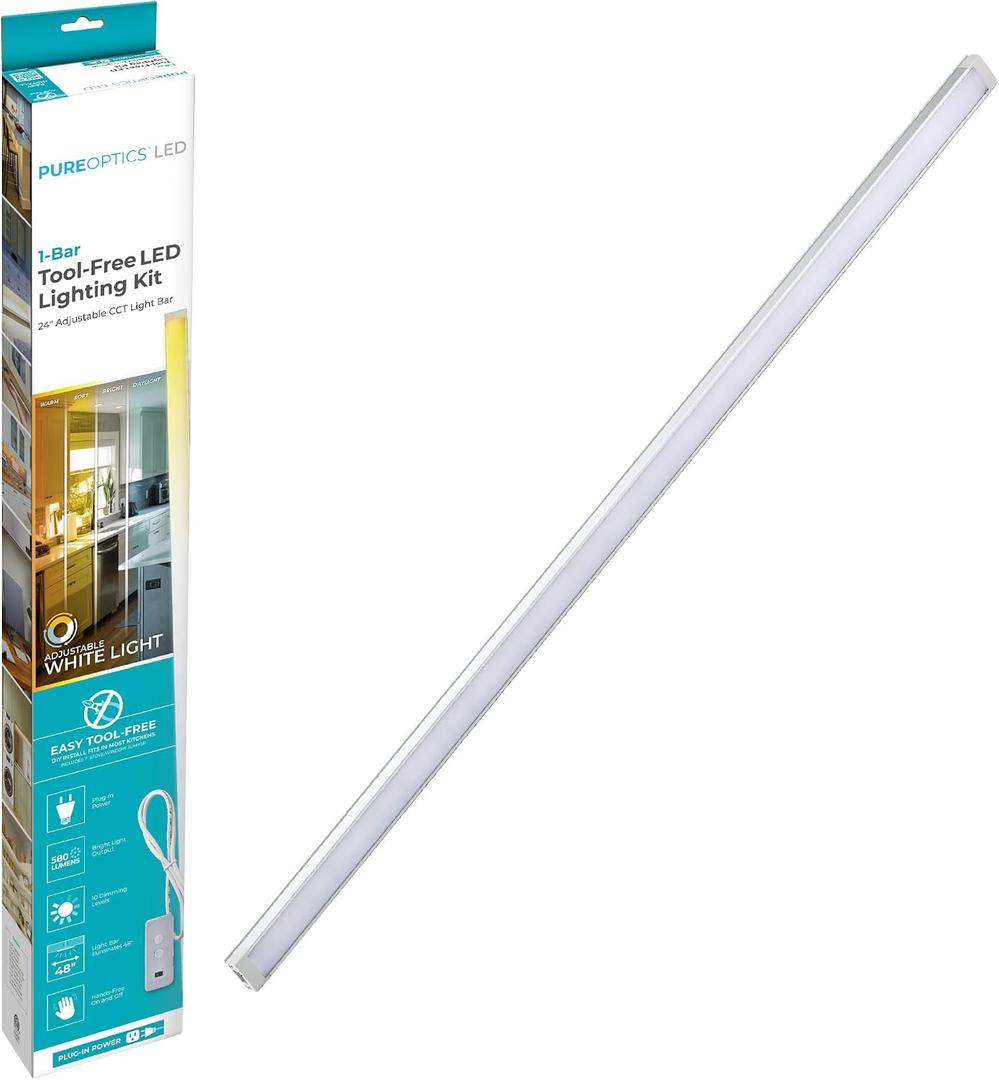 PureOptics LED Under Cabinet Light Kit, Motion Sensor, Dimmable, Linkable, 3 Color Settings, Tool-Free, Utility Light, Closets, Garage, Pantry, (1) 24" Bars