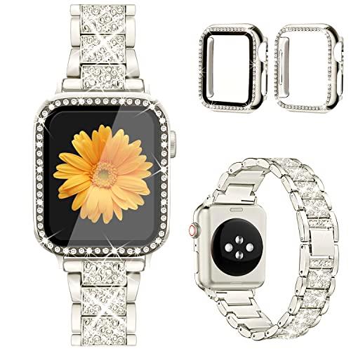 Mesime Compatible for Apple Watch Band with Screen Protector Case, Jewelry Replacement Bands 46mm 45mm 44mm 42mm 41mm 40 mm 38mm 2 Pack Protective Cover for iWatch Series 11/10/9/8/7/6/5/4/3/2/1/SE Women