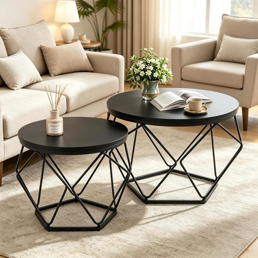 DUMOS Round Coffee Table Set of 2, Nesting Tables for Living Room Home, 2 pack