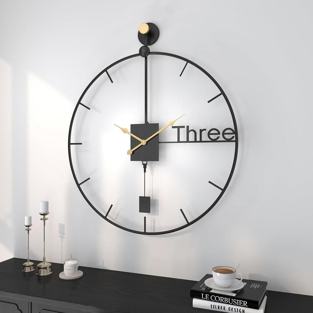 Cuspin 20 inch Modern Wall Clock with Swing Pendulum, Battery Operated Silent Non-Ticking Metal Wall Clock for Living Room Decor, Decorative Hanging Clock for Bedroom, Office, Kitchen, Home Wall