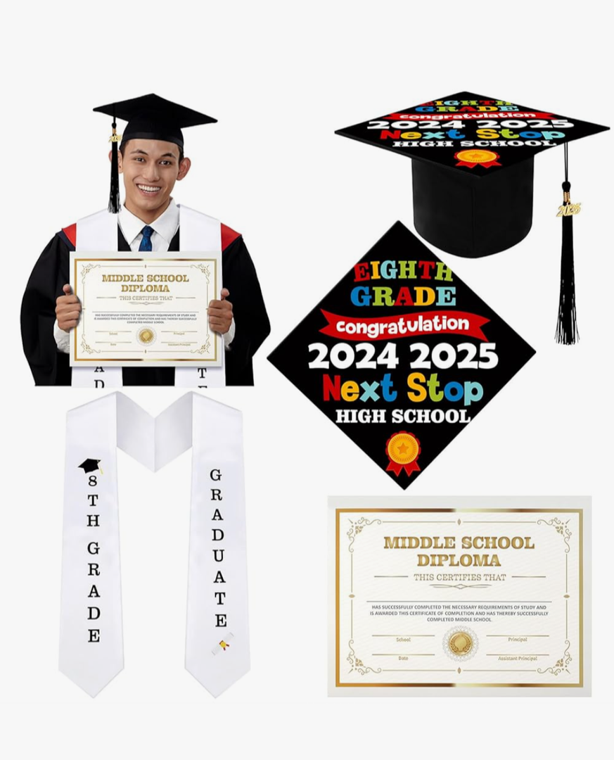 JaGely 3 Pcs 8th Grade Graduation Set Class of 2025 Graduation Cap and Stole Sash with Diploma Certificates Set for Middle School Students Supplies Teachers Parents Gifts