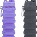 Collapsible Water Bottles Travel water bottle Sports Portable Sport Water Bottle Reusable Water Bottles Comes With Mountaineering Buckle 500Ml Silicone Water-Proof Camping Water Bottle (Purple+Grey)