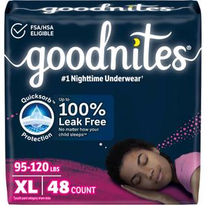 Goodnites Girls' Nighttime Bedwetting Underwear, Size Extra Large (95-120 lbs), 48 Ct (2 Packs of 24)