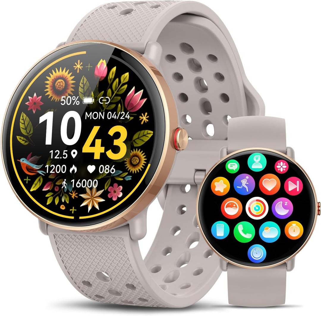 Smart Watch for Women Men, for Android iOS with Sleep & Calorie Monitor, Pedometer Fitness Tracker, Bluetooth Call, IP68 Waterproof, 112+ Sport Modes Round Face Smartwatch (Gold-Pink)