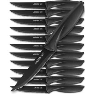 Home Hero Steak Knives Set of 12 - High-Carbon Stainless Steel Blades - Razor-Sharp Serrated Knives - Black Ergonomic Handles - 12 Pcs, Black