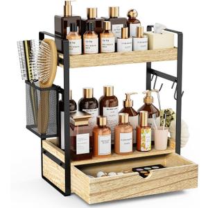 2-Tier Bathroom Counter Organizer with Drawer Basket and Hooks, Wood Bathroom Organizers and Storage for countertop, Farmhouse Brown Countertop Organizer, Counter Shelf for Vanity, Kitchen, Office