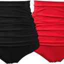 COCOPEAR Women's Ruched High Waisted Bikini Bottom Retro Vintage Swim Short Tankinis (X-Large, Black+red)