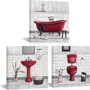 HOMEOART Bathroom Wall Art Bath Tub Painting Picture Bathroom Wall Decor Framed Ready to Hang 12x12 Inch, 3 Pcs (Red)