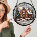 Stained Glass Window Hanging - Christmas Tree Cottage Sun Catcher for Door Garden Home Winter Decor Snowy Night Suncatcher Mother's Day Birthday Gifts for Women Men Mom Nana 15 in