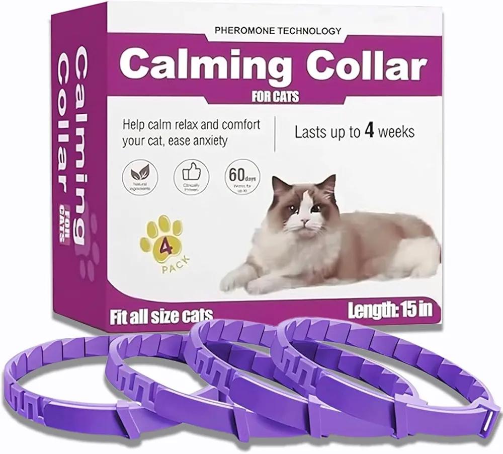 Cat Calming Collar, 4-Pack Pheromone Collars for Cats – Adjustable 15″, 60-Day Lasting Stress & Anxiety Relief, Helps Reduce Noise Fear, Scratching & Separation Anxiety（Pruple）