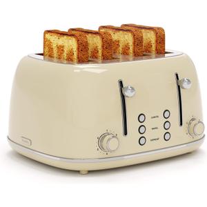 Toaster 4 Slice, Retro Stainless Toaster with 6 Bread Shade Settings,1.5''Wide Slots Toaster with Cancel/Defrost/Reheat Functions,Dual Independent Control Panel, Removal Crumb Tray (Cream)