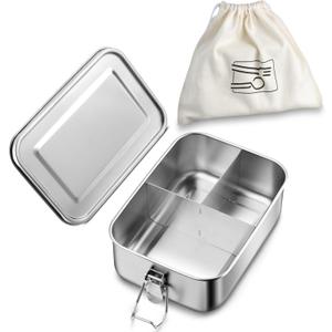 HaWare Stainless Steel Bento Box, 29oz (850ML) Leak-Proof Lunch Box for Kids Adults, 3 Compartments Food Containers with Removable Dividers and Bag, Metal Lunch Containers for Snack Meal Sandwich