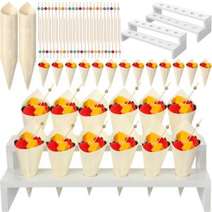 Queekay 150 Disposable Charcuterie Cones with 2 Pack 12 Holes Wooden Ice Cream Cone Display Stand Charcuterie Holder Stand 150 Fancy Toothpicks for Appetizers Wedding Decoration(White)
